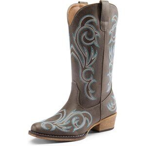 Dream Pairs Women's Brown Mid Calf Cowgirl Boots Square Toe Chunky Heel Shoes